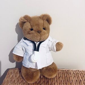Brown Plush Teddy Bear in White Doctor Coat with Stethoscope